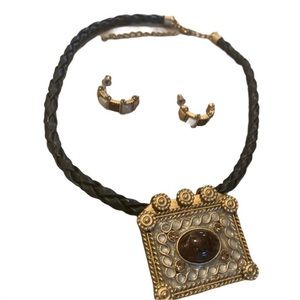 Choker Pendant Necklace and Earring Set Brown and Gold
